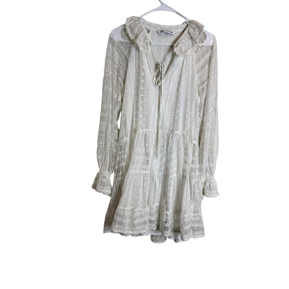 Zara Dress Womens XS White Lace Long Sleeve Ruffle Boho Fit & Flare Mini Tiered